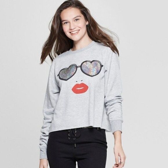 Mighty Fine Sequin Glasses Cropped Sweatshirt Sz L - Picture 2 of 3